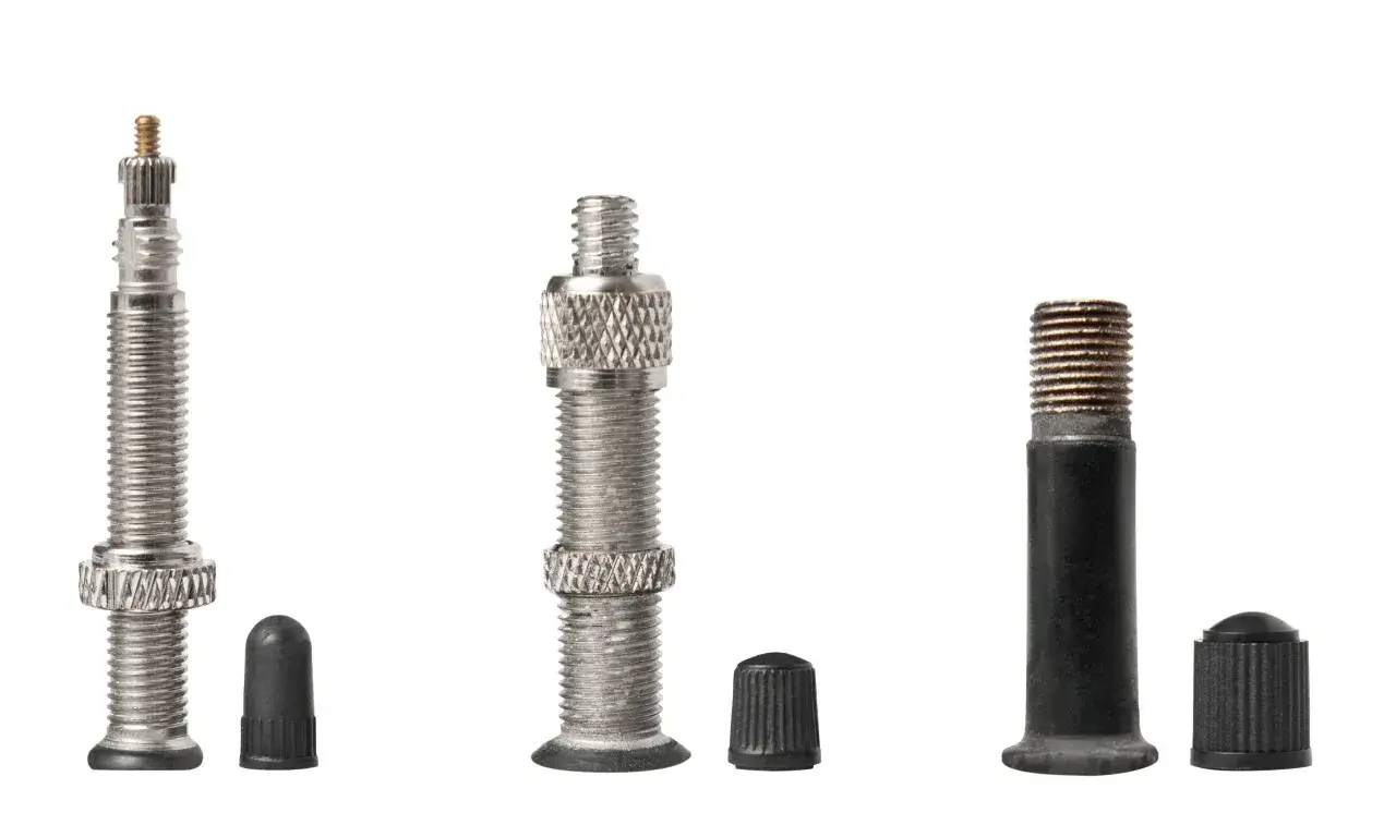 Three bicycle valve stems: two Schrader and one Presta, with caps.
