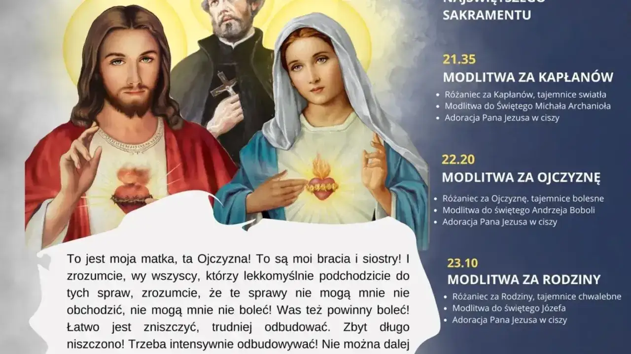 Obraz przedstawia Jezusa, Maryję i świętego. Tekst nawiązuje do modlitwy za Ojczyznę, jak w psalmie 134.