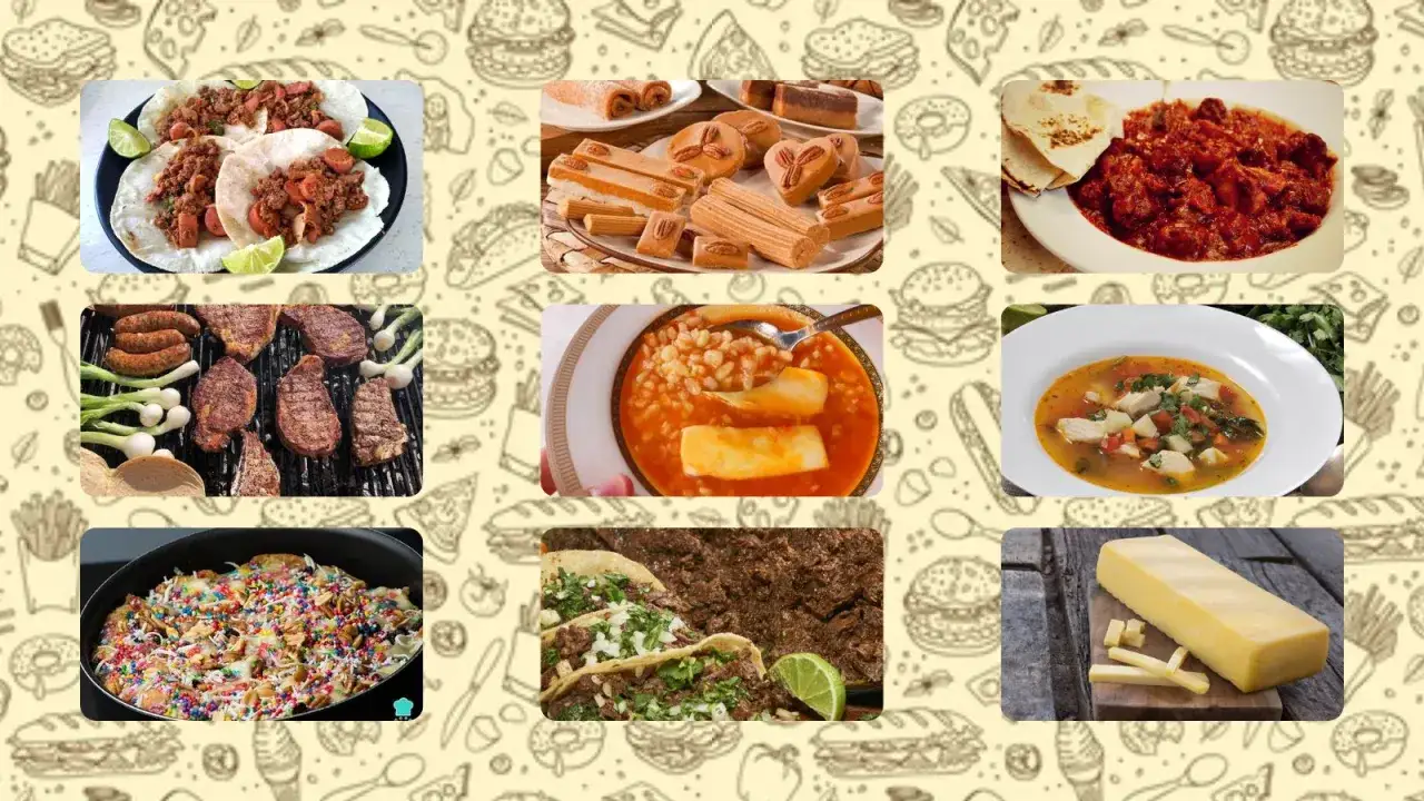 Variedad de comida casera para chihuahua: tacos, carnes a la parrilla, sopas, dulces y un bloque de queso.