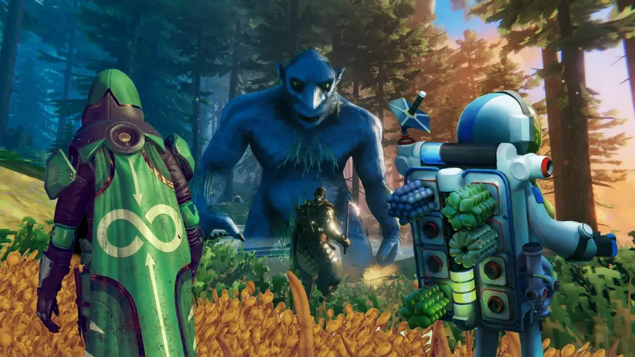Personajes de juegos supervivencia pc se enfrentan a un troll azul gigante en un bosque.