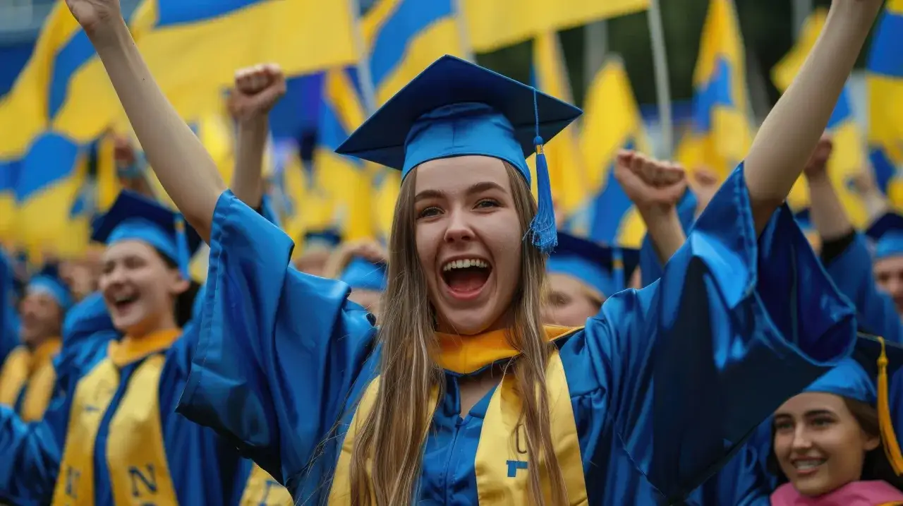 Radość absolwent&oacute;w z Ukrainy. Po udanej nostryfikacji dyplomu z Ukrainy, świętują sukcesy, machając flagami.