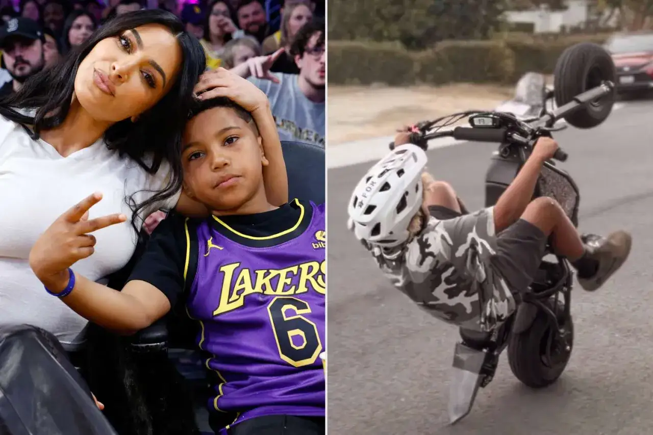 Saint West w koszulce Lakersów z mamą i na motorze robiący wheelie.