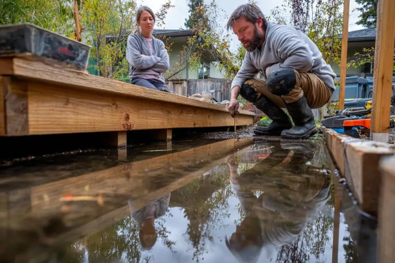 Un homme vérifie une **terrasse qui s'affaisse** et qui est inondée. Une femme le regarde, les bras croisés, visiblement préoccupée par la situation.