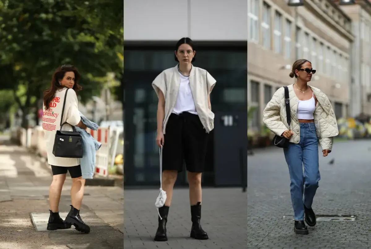 Trzy kobiety prezentują stylowe outfity. Pierwsza w luźnej bluzie i kolarkach, druga w czarnych szortach i kamizelce, trzecia w jeansach i pikowanej kurtce. To inspiracje, jak stworzyć modny **matching co to** za zestaw.