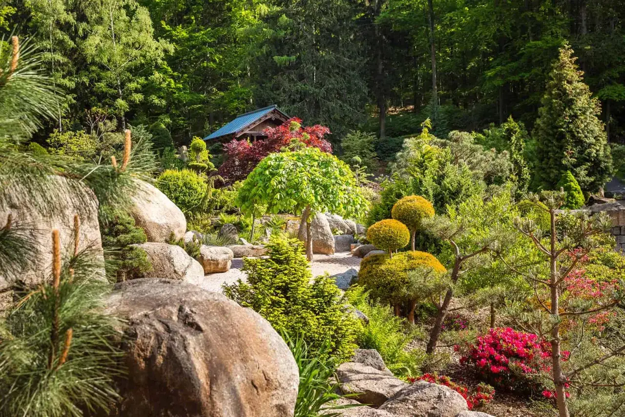 Spokojny ogród japoński z kamieniami, drzewkami bonsai, klonami i małym domkiem.
