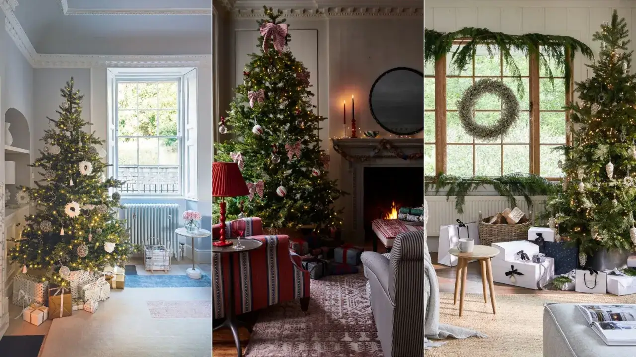 Cozy apartment Christmas decor featuring decorated trees, gifts, and festive accents in three distinct vignettes.