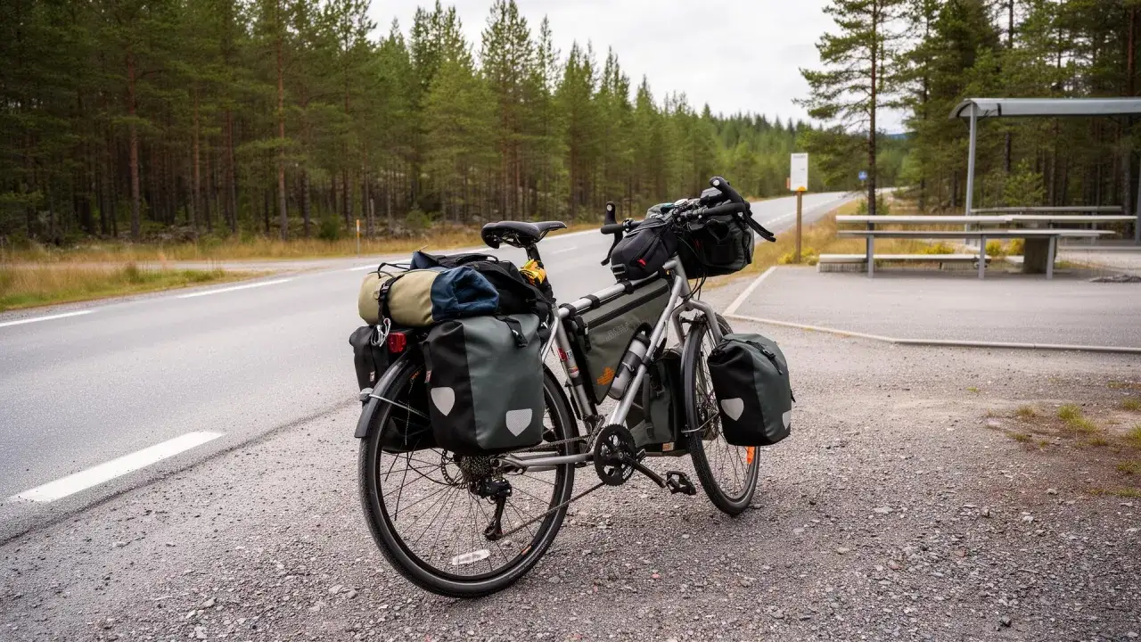 Cykel med packväskor redo för en cykelsemester. En komplett packlista för äventyret.