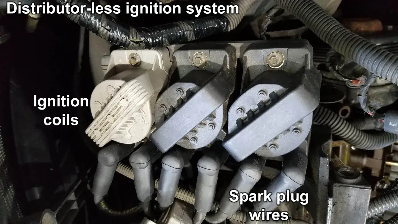 Componentes del sistema de encendido sin distribuidor: bobinas de encendido y cables de bujía.
