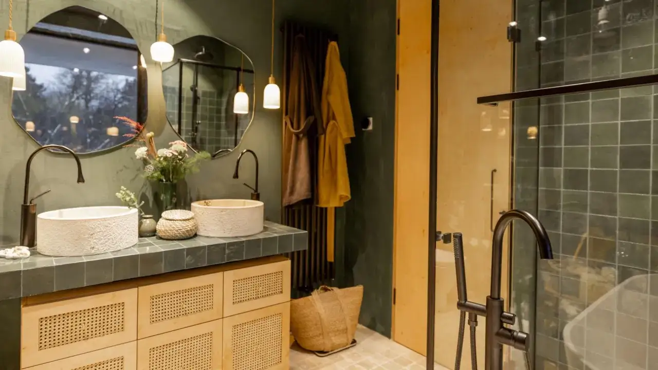 Bagno stile boho chic con doppio lavabo in pietra, mobili in legno e vimini, accappatoi colorati e doccia con piastrelle verdi.