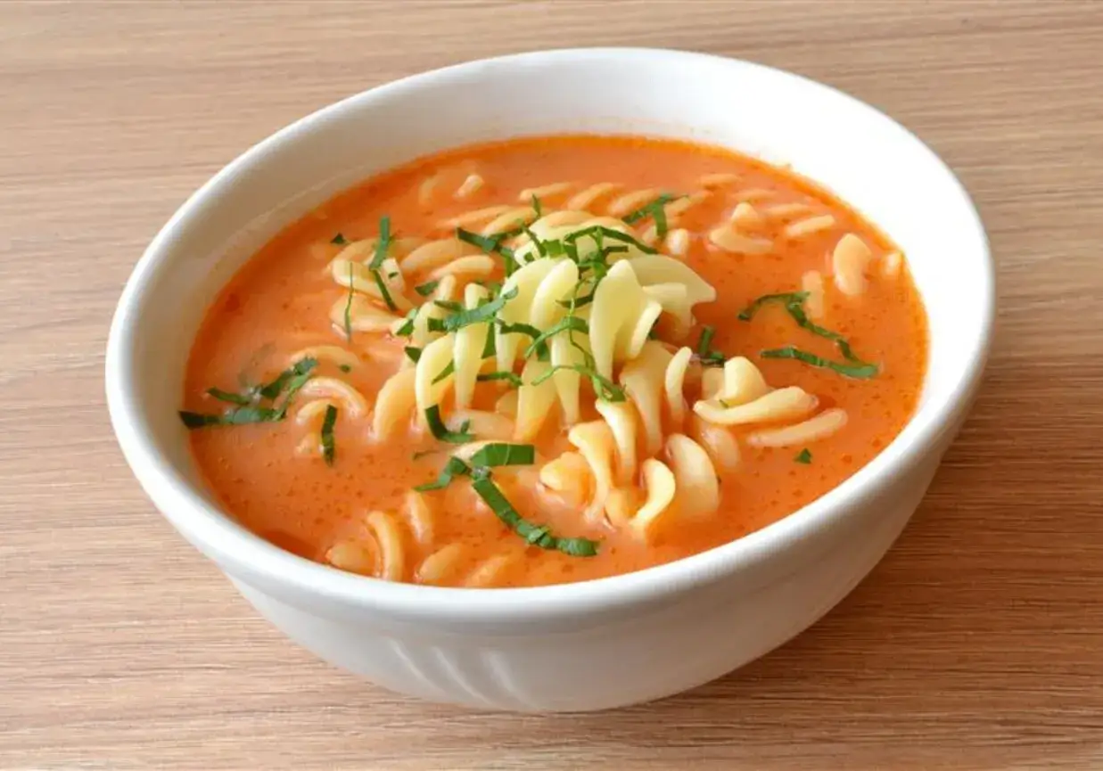 Aksamitna zupa pomidorowa z makaronem fusilli, posypana świeżą natką pietruszki. Idealna na szybki obiad, oto prosty zupa pomidorowa przepis.