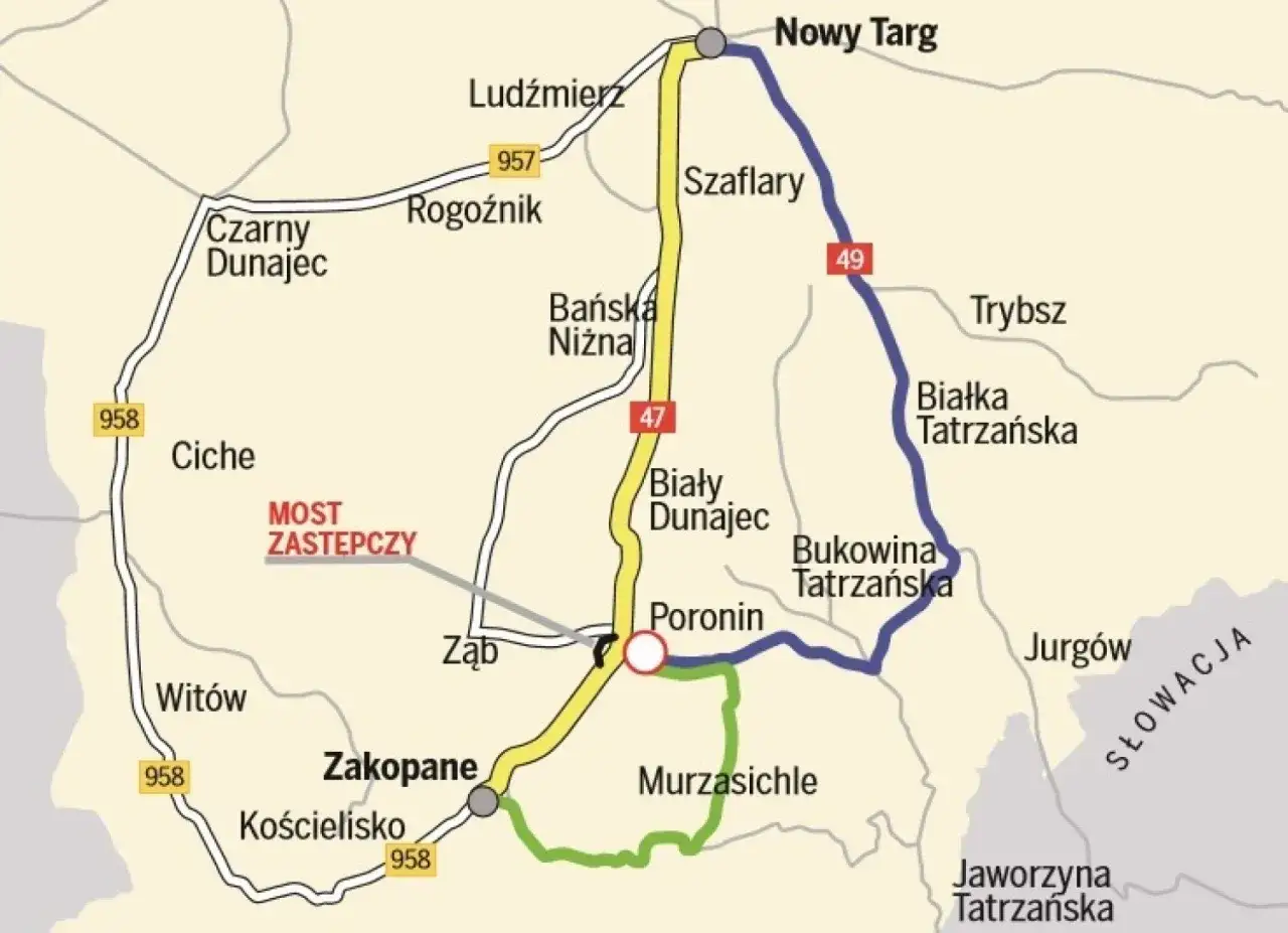 Mapa objazdy Zakopianki Czarny Dunajec Chochołów