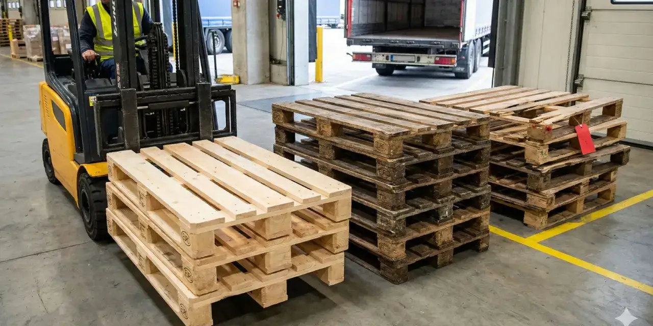 Gabelstapler transportiert neue Holzpaletten. Das Pallet-Meaning ist klar: sie sind die Basis f&uuml;r effizienten Warenfluss in Lagerhallen.