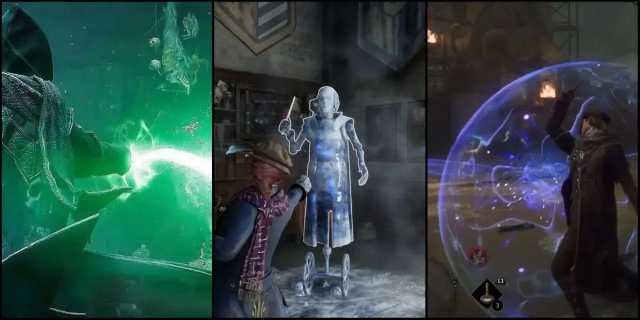 Trzy sceny z gry Hogwarts Legacy: zielony promień energii, postać przed lodowym manekinem i zaklęcie ochronne.