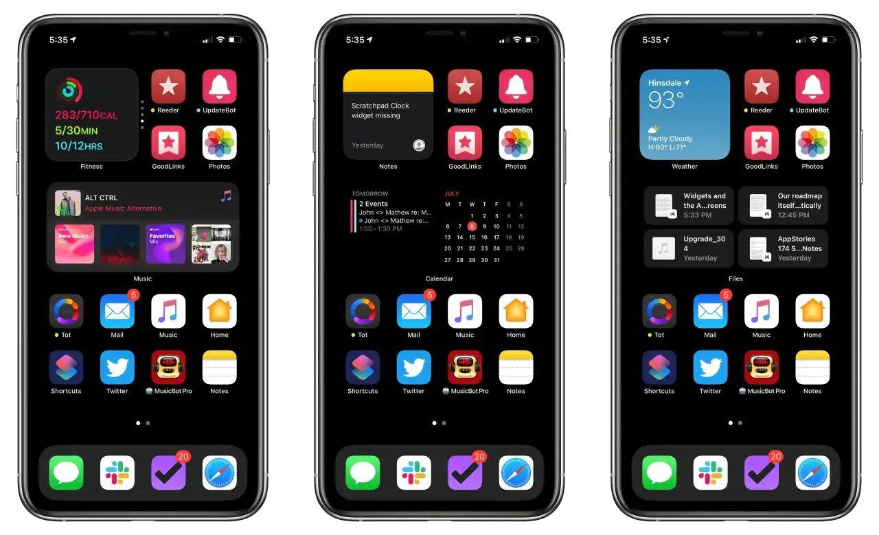 Ekran główny iPhone z widżetami: Fitness, pogoda, kalendarz, notatki i aplikacje.