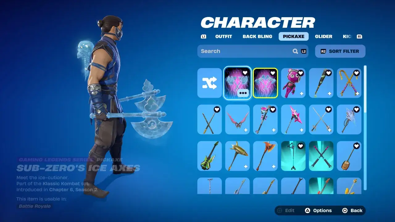 Postać Sub-Zero z Fortnite prezentuje spocone kilofy z lodowymi toporami. W tle widać inne kilofy, w tym te przypominające gitary.