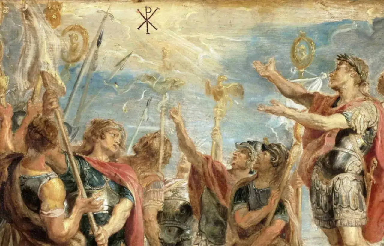 Soldaten blicken zum Himmel, wo das Chi-Rho-Symbol leuchtet. Die Bedeutung des Chi-Rho als Zeichen f&uuml;r Christus wird hier eindrucksvoll dargestellt.
