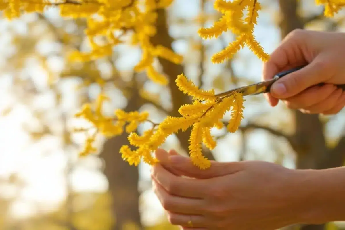 Des mains coupent une bouture de mimosa, ses grappes jaunes &eacute;clatantes baign&eacute;es de soleil.