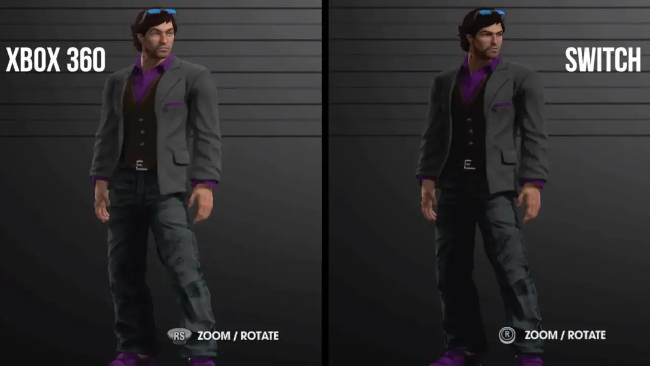 Porównanie postaci z gry Saints Row na Xbox 360 i Switch. Ten sam bohater w eleganckim stroju.