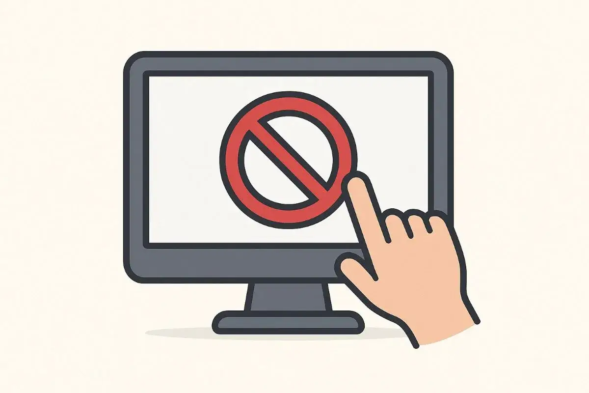 Monitor z symbolem zakazu i palcem wskazującym. Ilustracja pokazuje, jak zablokować ekran Windows.