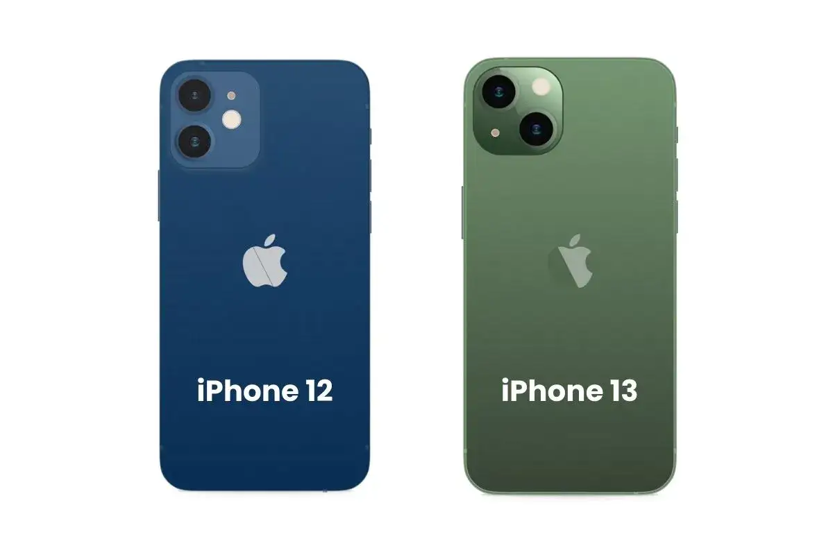 J&auml;mf&ouml;relse av skillnad iPhone 12 och 13. Tv&aring; iPhones, en bl&aring; iPhone 12 och en gr&ouml;n iPhone 13, visas sida vid sida.