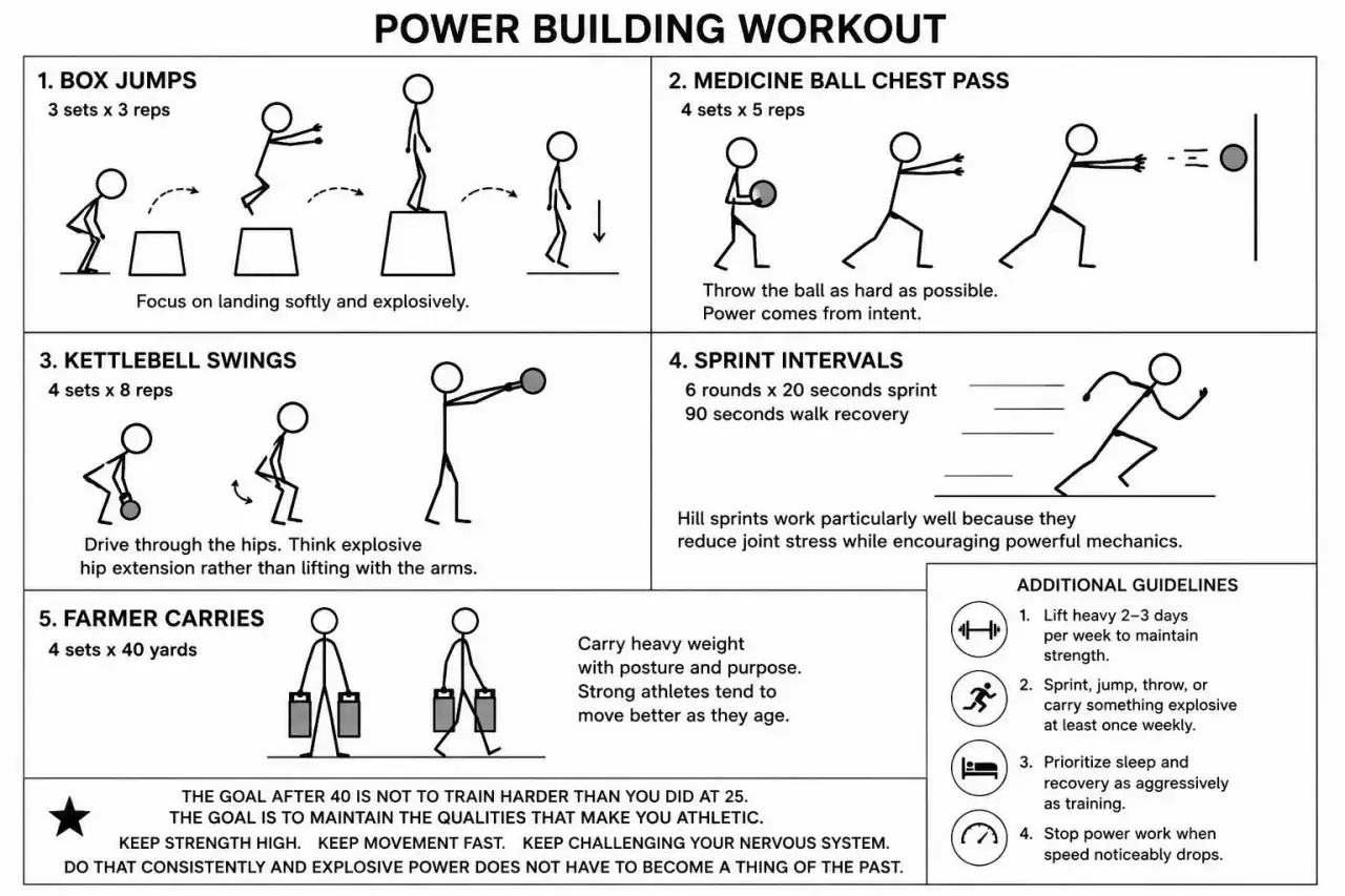&Uuml;bungen f&uuml;r explosivkraft Training: Box Jumps, Medizinball-Pass, Kettlebell Swings, Sprint-Intervalle, Farmer's Walk.