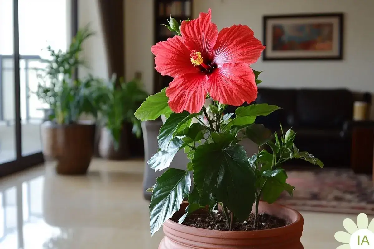 Un magnifique hibiscus rouge en pot, pr&ecirc;t pour son arrosage. D'autres plantes vertes en arri&egrave;re-plan dans un salon lumineux.