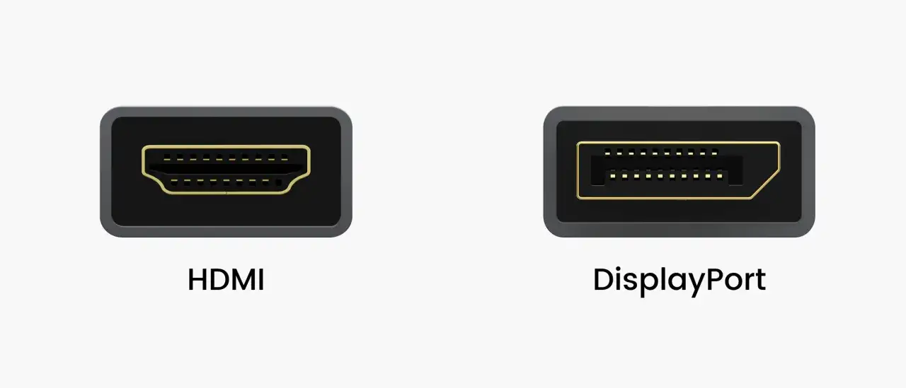Nahaufnahme von HDMI- und DisplayPort-Anschlüssen, die die Unterschiede zwischen den beiden Schnittstellen zeigen.