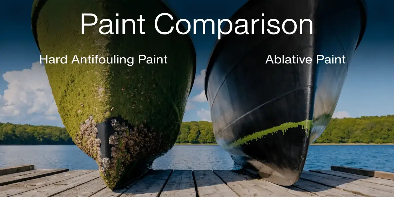 Comparaison de coques de bateaux : une recouverte d'algues et de bernacles, l'autre propre grâce à une peinture antifouling.