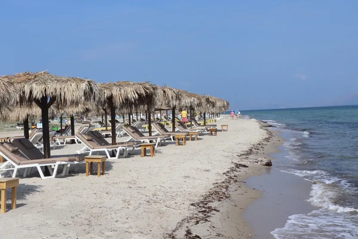 Słoneczny dzień na plaży Tigaki. Rzędy leżaków pod strzechą czekają na plażowiczów.