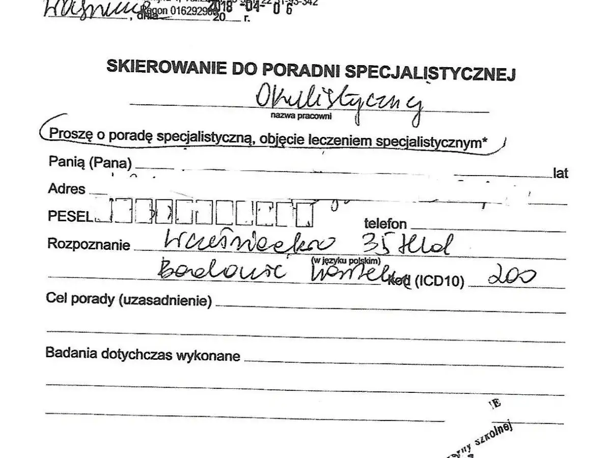 Skierowanie do specjalisty. Ważność skierowania do specjalisty zależy od placówki, ale zazwyczaj jest to 30 dni.