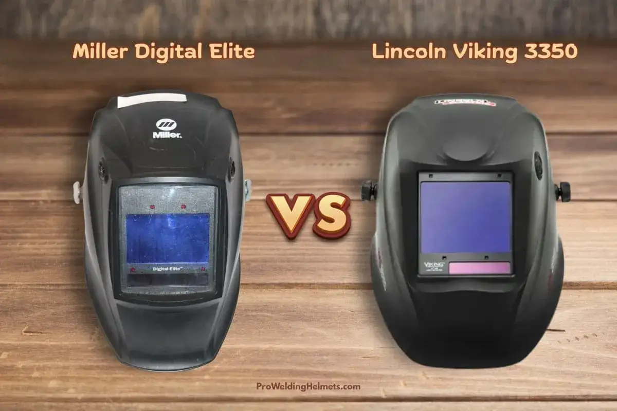 Dwie maski spawalnicze: Miller Digital Elite i Lincoln Viking 3350, porównane na drewnianym tle.