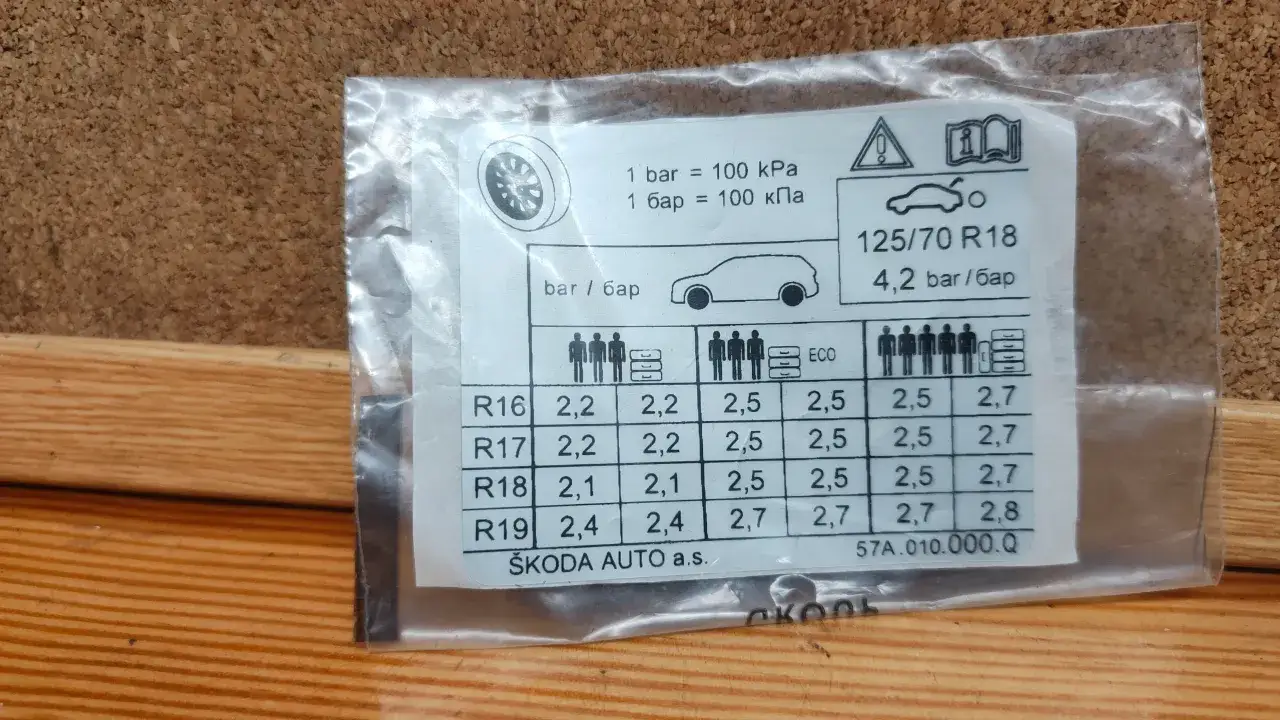 Lokalizacja naklejki z ciśnieniem w samochodzie