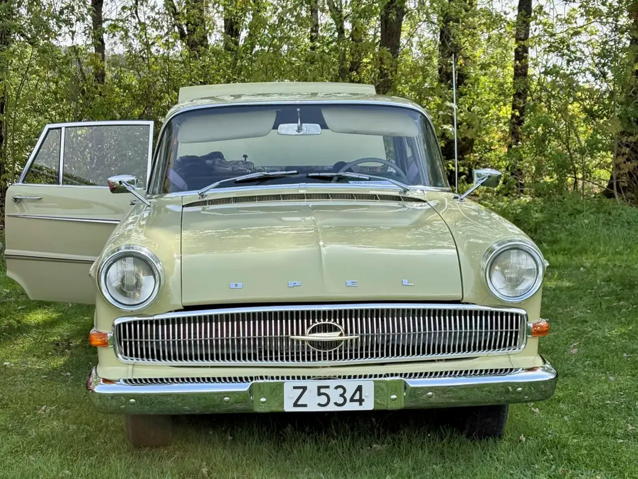 En ljusgul Opel från 1960-talet, en klassisk modell, står parkerad på en gräsmatta med en öppen dörr.