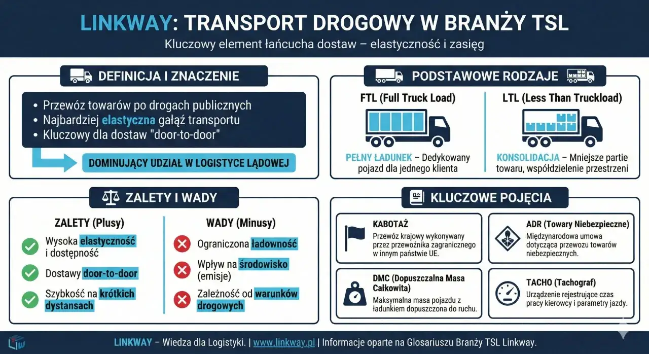 Infografika o transporcie drogowym w branży TSL. Opisuje definicję, rodzaje, zalety, wady i kluczowe pojęcia, takie jak FTL, LTL, kabotaż, ADR, tachograf.