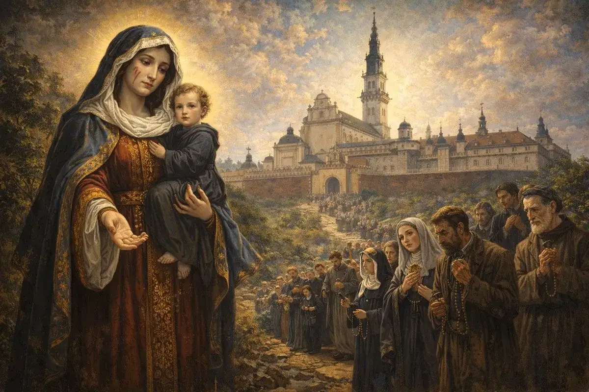 Matka Boża z Dzieciątkiem na ręku prowadzi pielgrzym&oacute;w do sanktuarium. Niechaj z nami będzie Pan tekst.