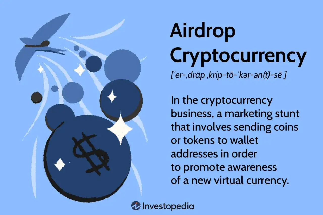 Grafika wyjaśnia, co to jest airdrop kryptowaluty: marketingowy sposób na promocję nowych walut wirtualnych poprzez wysyłanie tokenów na portfele.