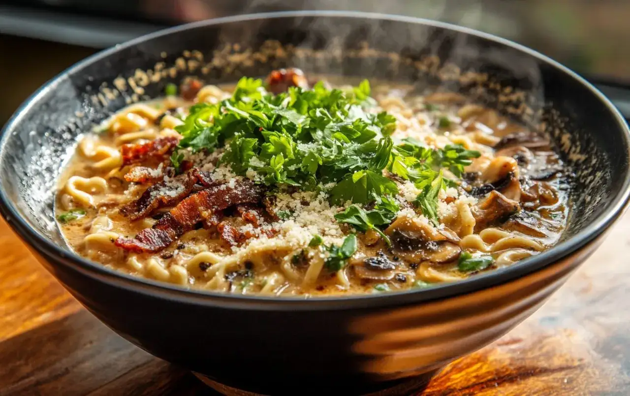 En skål med ångande carbonara ramen, toppad med krispigt bacon, svamp och färsk persilja.