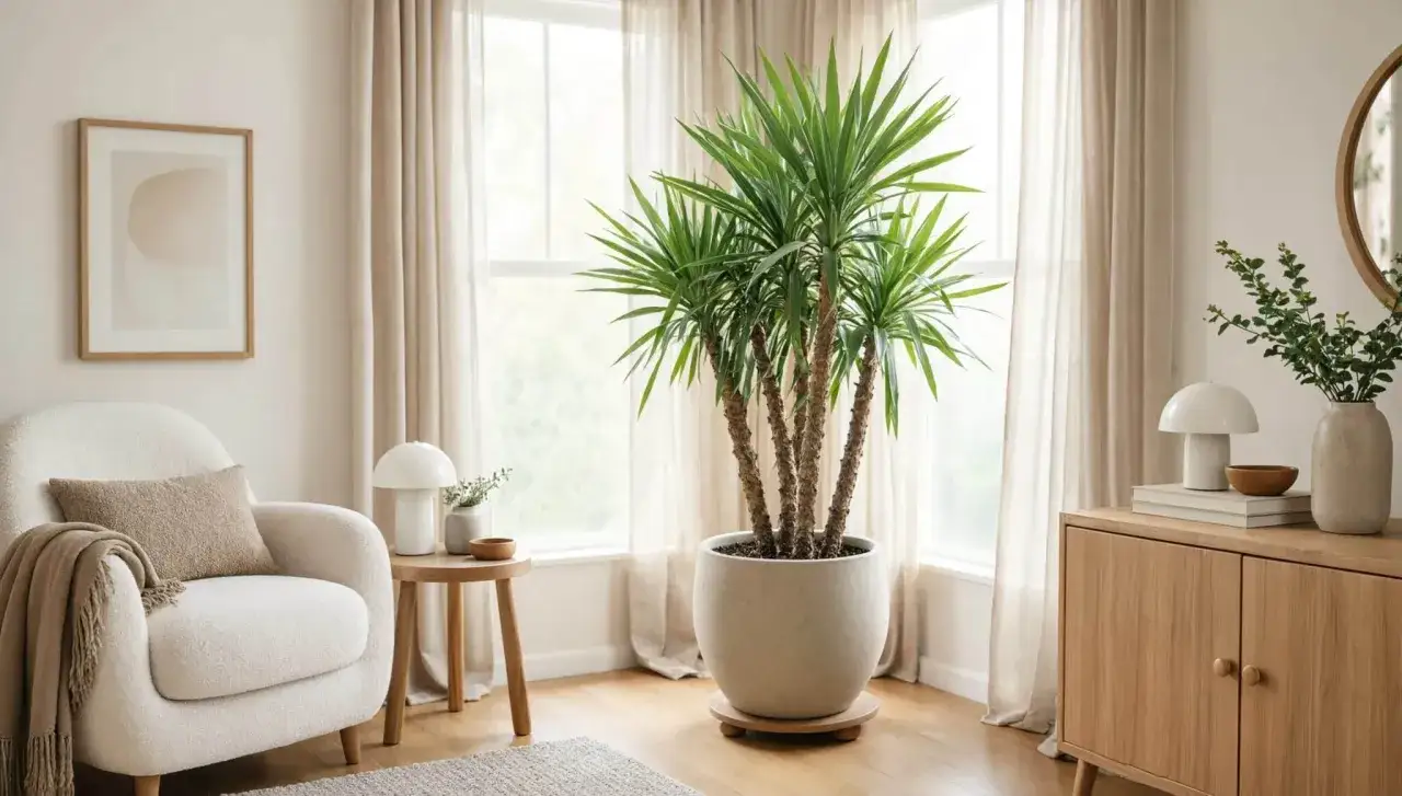 Eine stattliche Yucca Palme steht in einem hellen Wohnzimmer neben einem gem&uuml;tlichen Sessel und einem Sideboard.