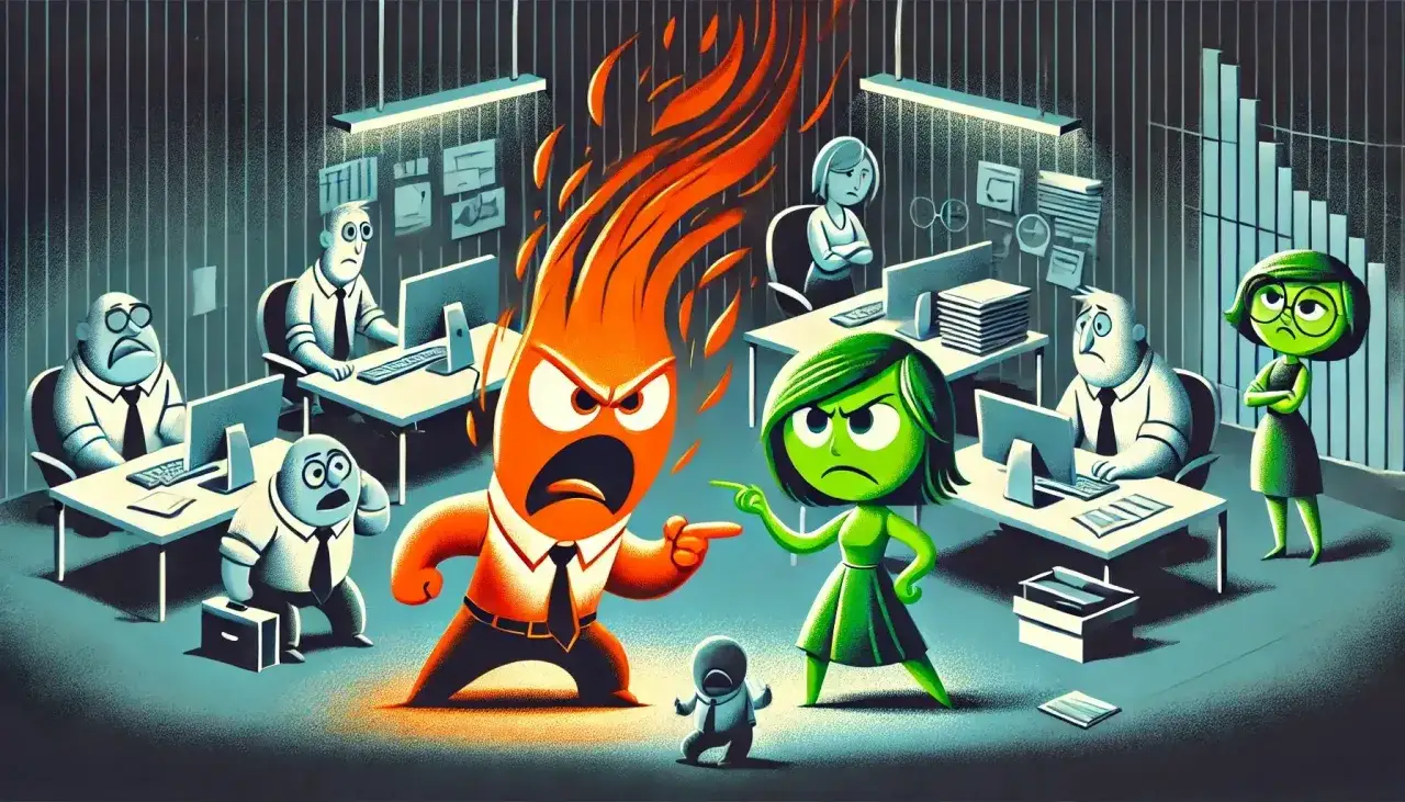 Personaggio infuocato e verde litigano in ufficio, mentre colleghi spaventati li osservano. Sembra che ci siano colleghi che vogliono farti licenziare.