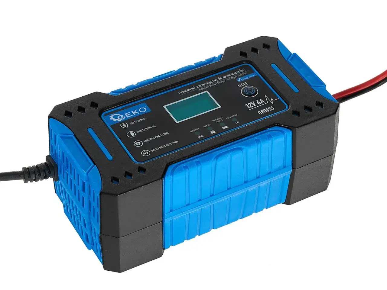 Niebiesko-czarny prostownik Geko 12V 6A. Gwiazdka przy
