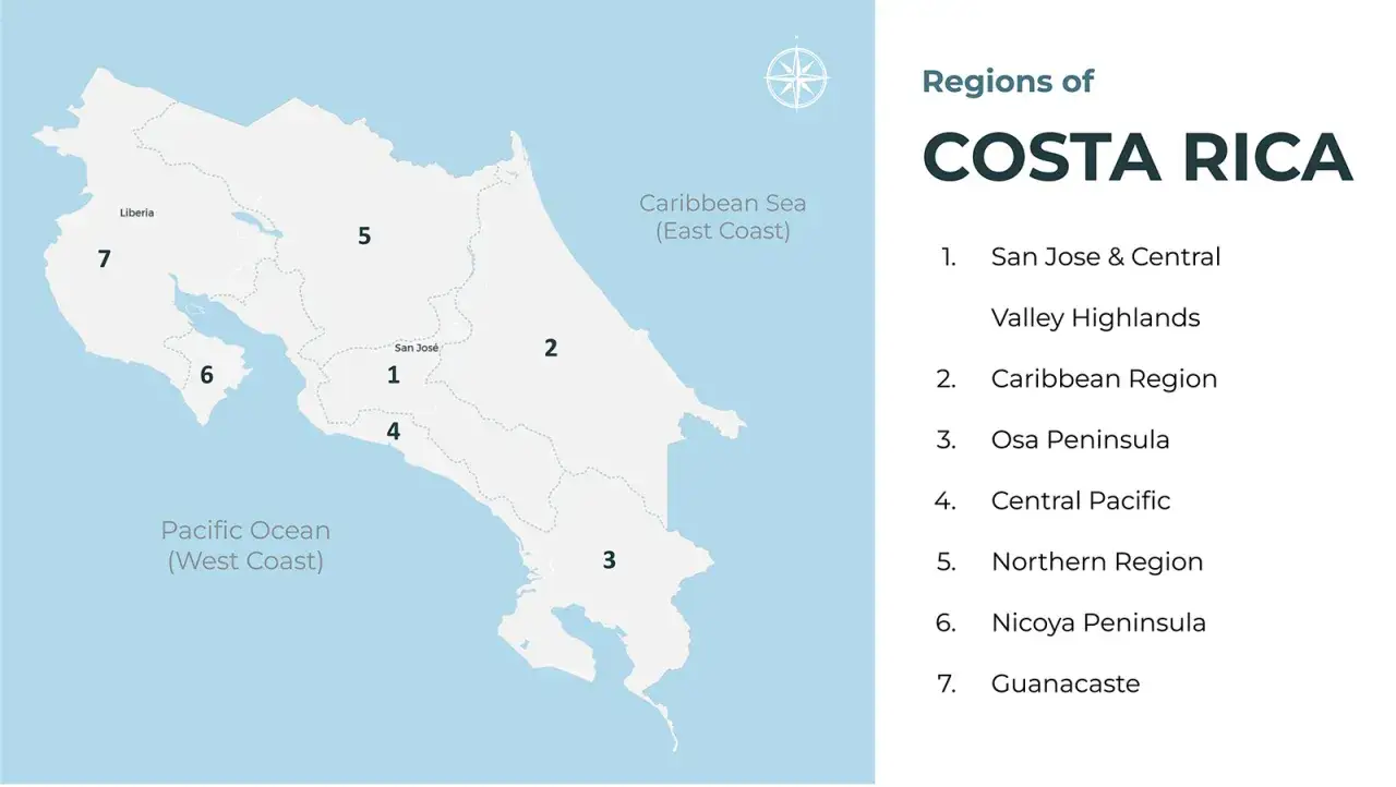 Karta &ouml;ver Costa Ricas regioner, bra f&ouml;r tips inf&ouml;r din resa till Costa Rica. Visar Guanacaste, Nicoya, San Jos&eacute; m.fl.