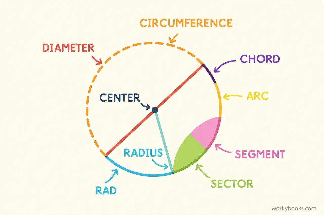 Ilustraci&oacute;n de las partes de la circunferencia: centro, radio, di&aacute;metro, cuerda, arco, segmento y sector.