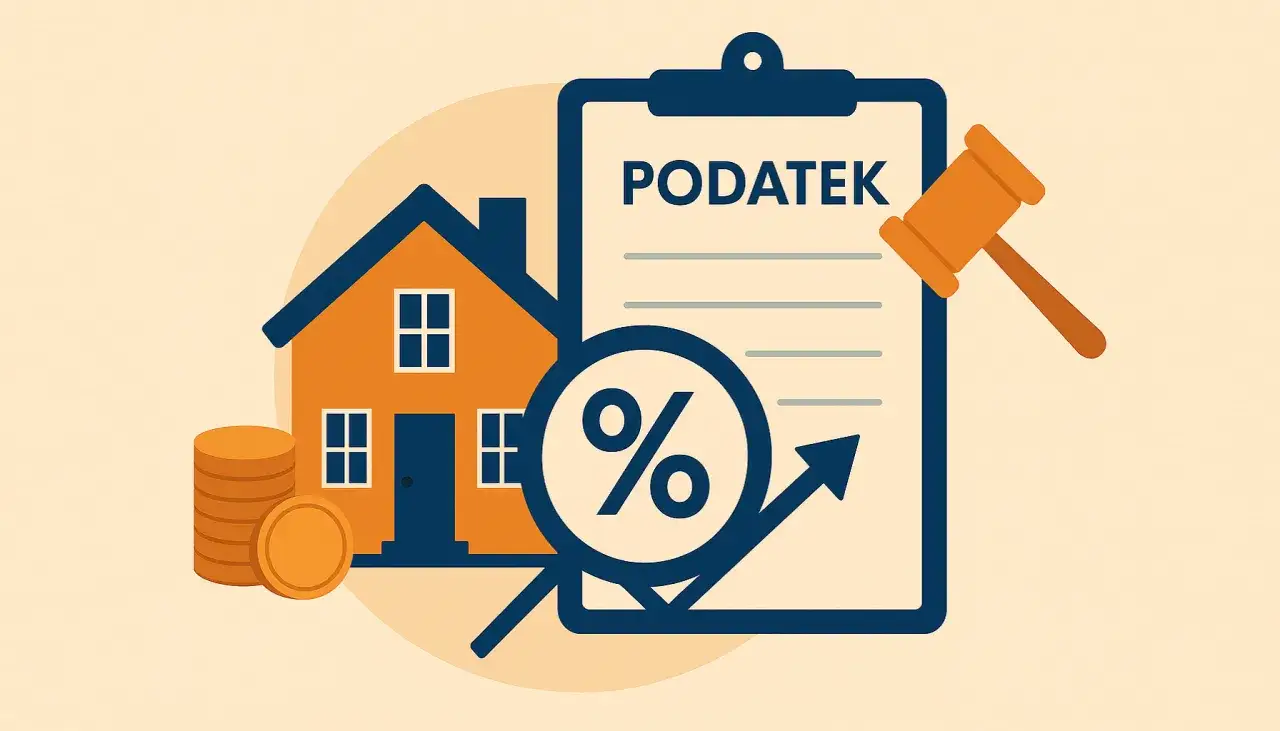 Dom, monety, lupa z procentem i młotek sędziowski na dokumencie z napisem 