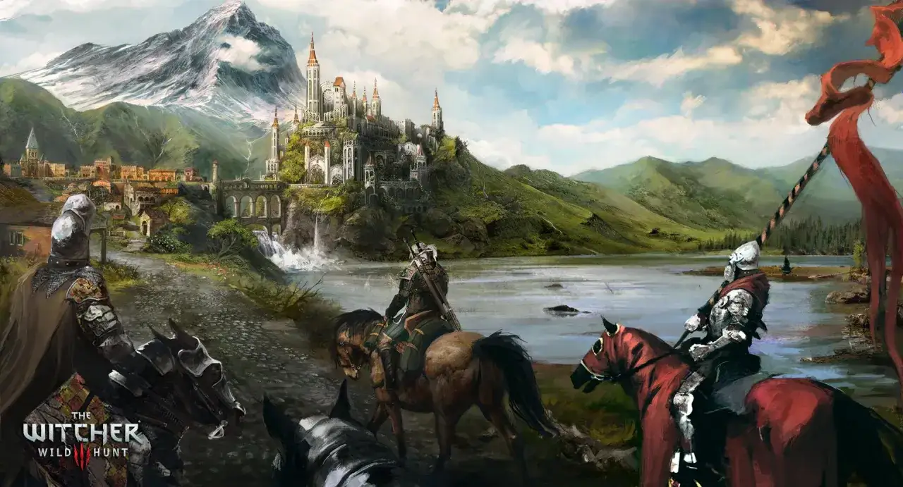 Cabalgata hacia un castillo élfico, con Geralt y otros jinetes. Paisaje épico de The Witcher 3, dlc.