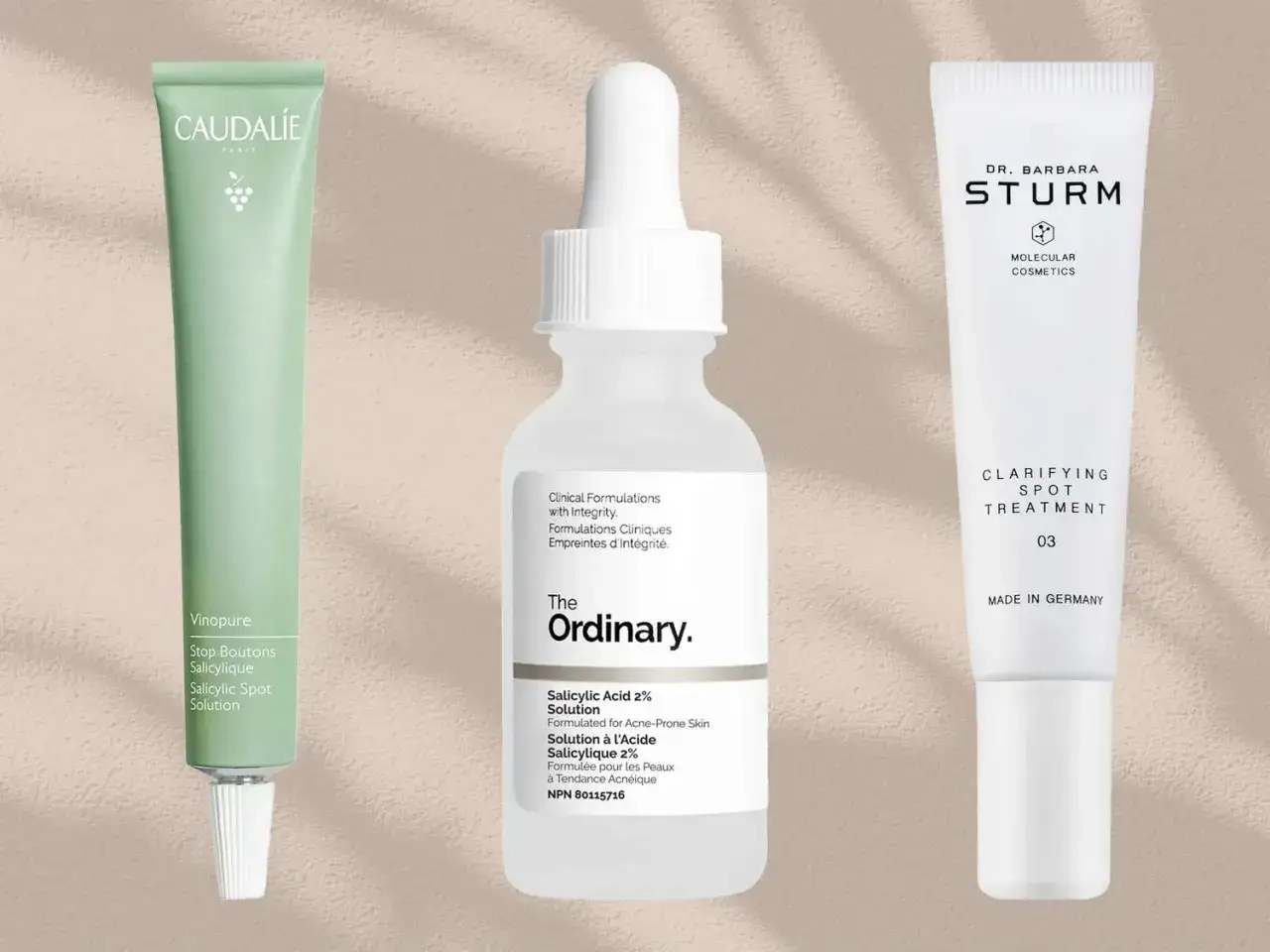 Trois produits de soin pour savoir comment faire disparaitre un bouton : Caudalie, The Ordinary et Dr. Barbara Sturm.
