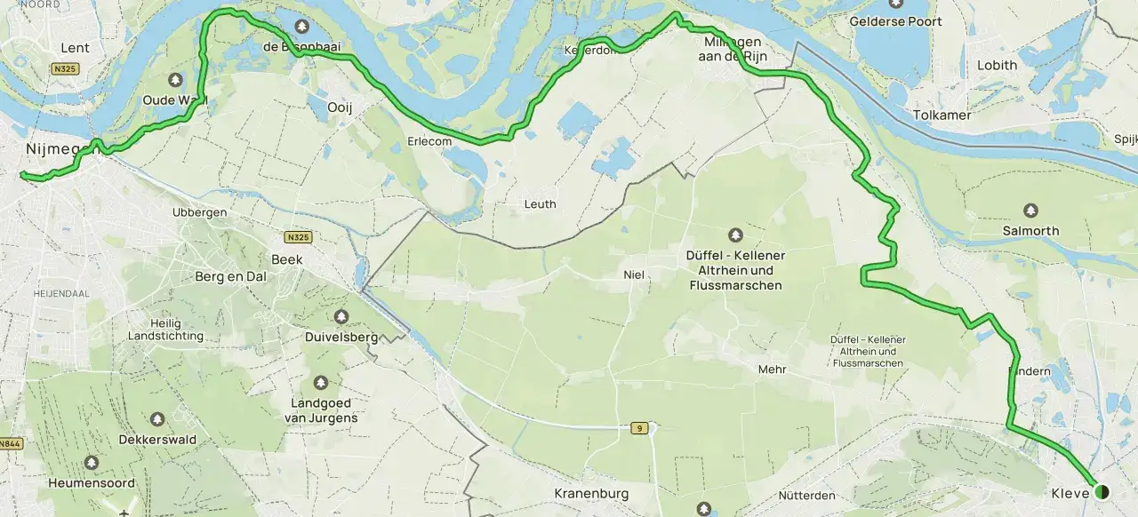 Route der Buslinie SB58 von Kleve nach Nijmegen. Die Karte zeigt die Strecke durch die Düffel und entlang des Rheins.