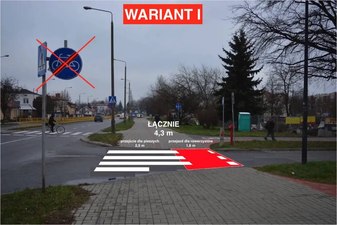Przejście dla pieszych i rowerzystów o łącznej szerokości 4,3 m. Znak zakazu dla rowerów przekreślony.
