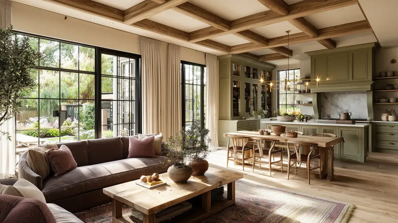 Salón y cocina de estilo cottagecore con vigas de madera, sofá marrón, mesa de comedor rústica y armarios verdes.