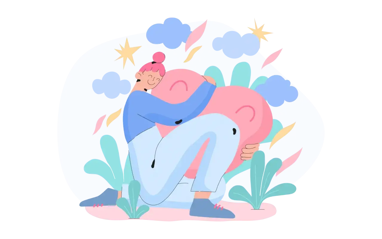 A person hugs a large pink heart, symbolizing self-compassion and how to deal with shame.