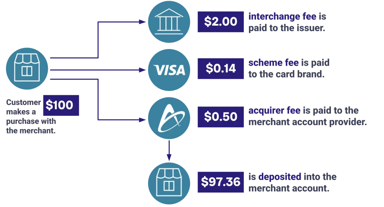 Diagram shows a $100 purchase, with fees paid to issuer, Visa, and acquirer, illustrating the impact of the Durbin Amendment on merchant fees.